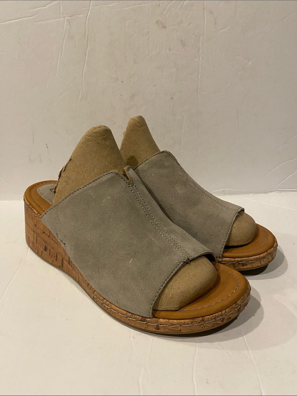 Born boc Gray/Green Leather Suede Slide Cork Wedge Sandals